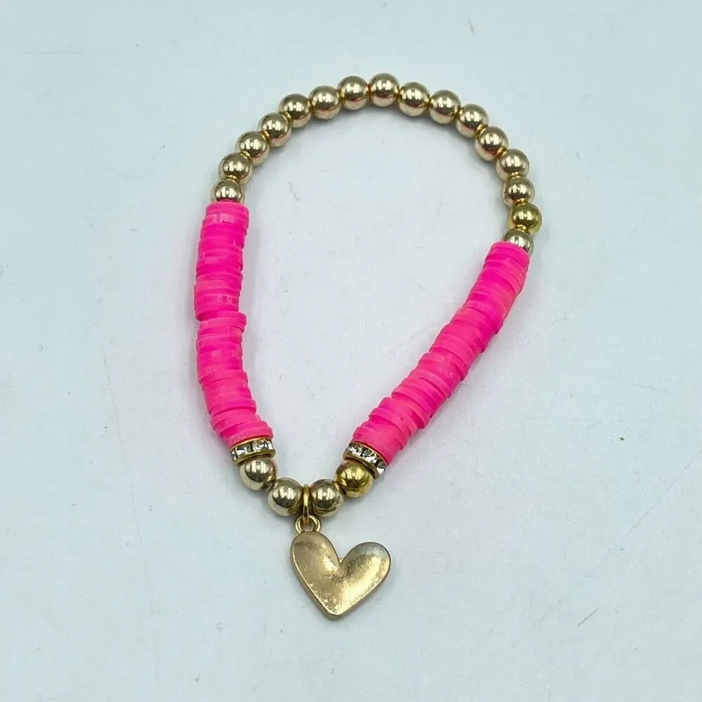 New Women’s & Girls Flat Beads Pink Bracelet With Metal Gold Color Beads White - Picture 6 of 7